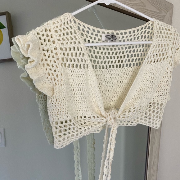 Verge Girl Tops - Cream knit crochet crop top